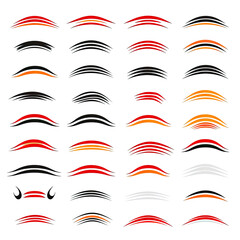 Rows of stylized, pixelated, arched shapes in red, black, orange, and white