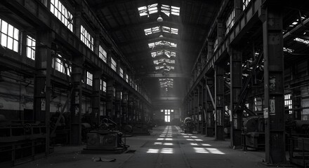 Obraz premium High-angle monochrome shot of an abandoned industrial factory interior, showing long rows of machinery and high ceilings with light streaming through windows, conveying