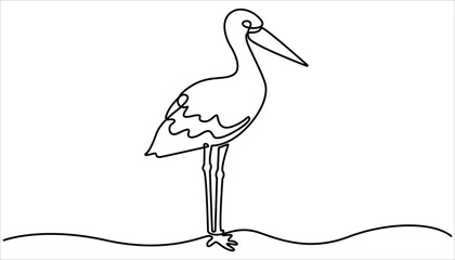 Obraz premium Continuous line drawing of stork. Template for your design works. Vector illustration, heron, egret flapping its wings, side view. Elegant stork in continuous line art illustration for nature.