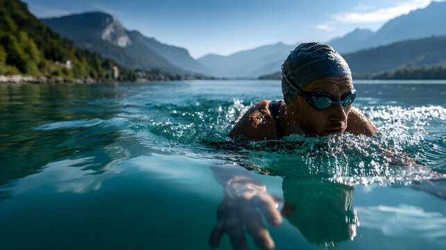 Sportlicher Schwimmer trainiert im klaren Bergsee inmitten alpiner Landschaft
