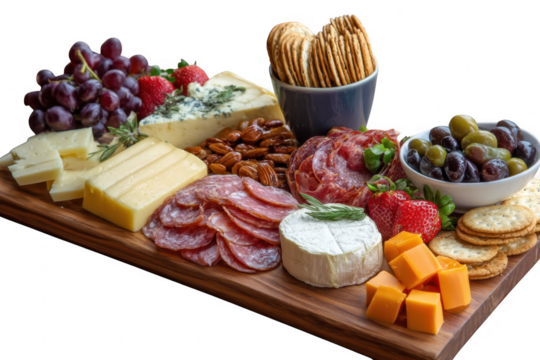 Delicious charcuterie board featuring cheeses meats fruits and crackers isolated on transparent background