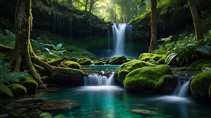 Lush Forest Waterfall and Turquoise Pool in Sunlit Serenity V8