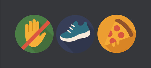 Creative flat icon collection of prohibition hand sign, sport sneaker, and pizza for health awareness, lifestyle, and food concepts