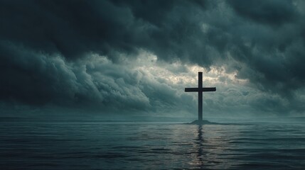 Naklejka premium Dark cross on a stormy sea