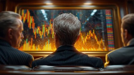 Corporate executives analyze dynamic financial market trends, showcasing vibrant stock charts and data insights with intense focus AI driven analysis - Powered by Adobe