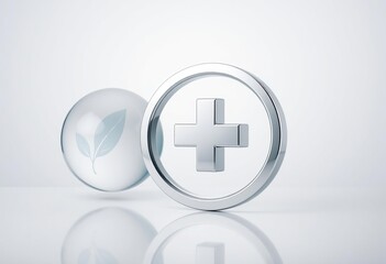 Obraz premium Silver medical cross symbol and glass sphere with leaves