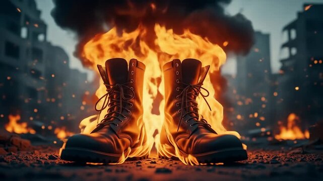Burning Military Boots in War Zone - A pair of military boots engulfed in flames stands amidst the rubble of a war-torn city. The scene is dark and smoky, emphasizing the destruction and loss.