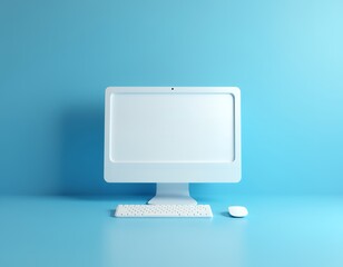 White computer monitor keyboard and mouse on blue background technology