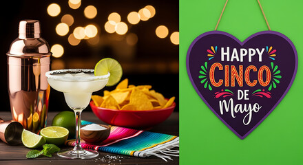 Cinco de mayo celebration with margarita and festive heart decoration