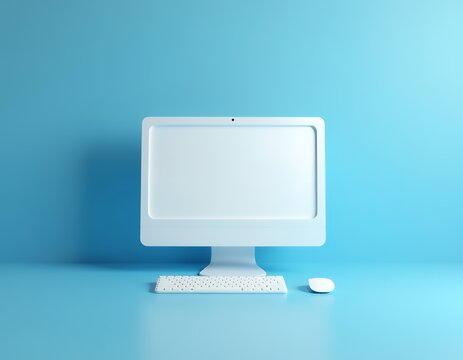 White computer monitor keyboard and mouse on blue background technology