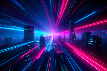 Obraz premium Futuristic cityscape at night with vibrant blue and pink neon light trails. Abstract vision of a smart city, digital network, and technology.