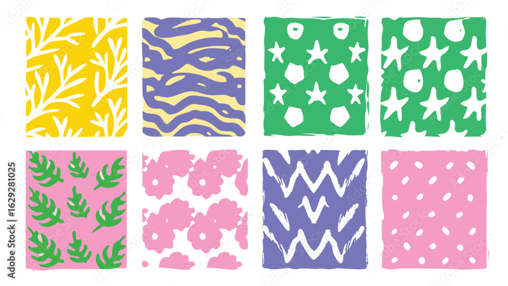 Poster assorted colorful patterns in squares featuring botanical, geometric, and abstract designs in a grid