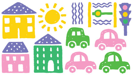 Fototapeta premium Colorful whimsical illustration of houses cars sun river and a traffic light in a childlike style