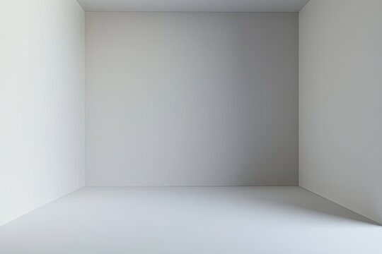 A digitally rendered, empty, white cube-shaped room with subtle light gradients on the walls and floor, suggesting a single light source - Powered by Adobe