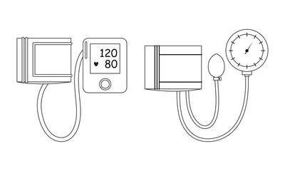 Set of line vector of manual and digital blood pressure monitors icons. Black and white medical device. Illustration in outline cartoon style