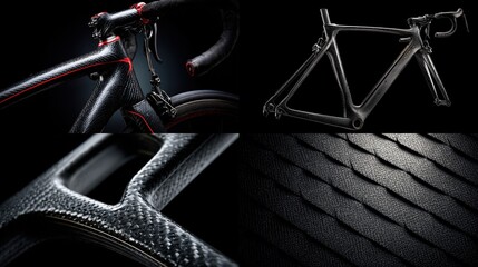 Carbon fiber bicycle details showcase textures and construction against a dark background