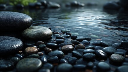 A smooth black stone in shallow water, dark elegance, liquid reflections, zen calmness