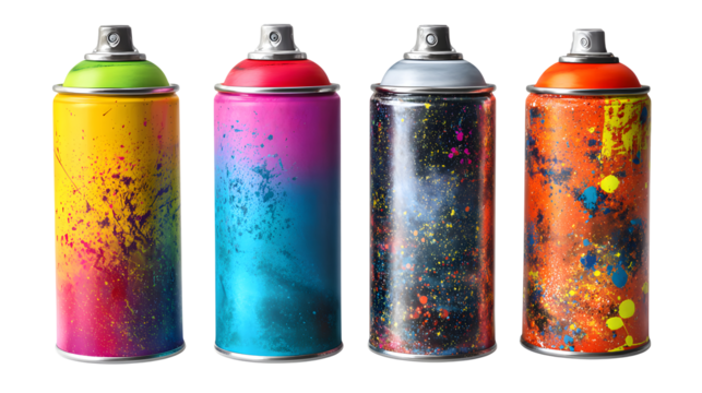 Colorful spray paint cans with vibrant splashes, artistic expression on transparent background