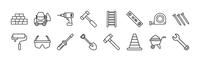 Construction tools and equipment outline vector set for diy and home improvement projects