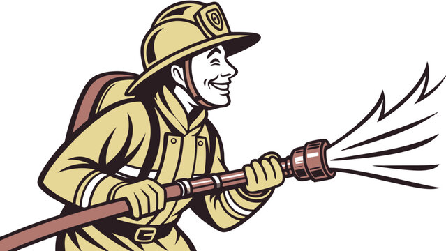 Brave firefighter sprays water with hose ready to protect and serve communities vector.