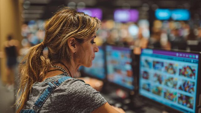 Female consumer watching live commerce stream on computer screen, engaging with vibrant products and exploring exciting digital displays online
