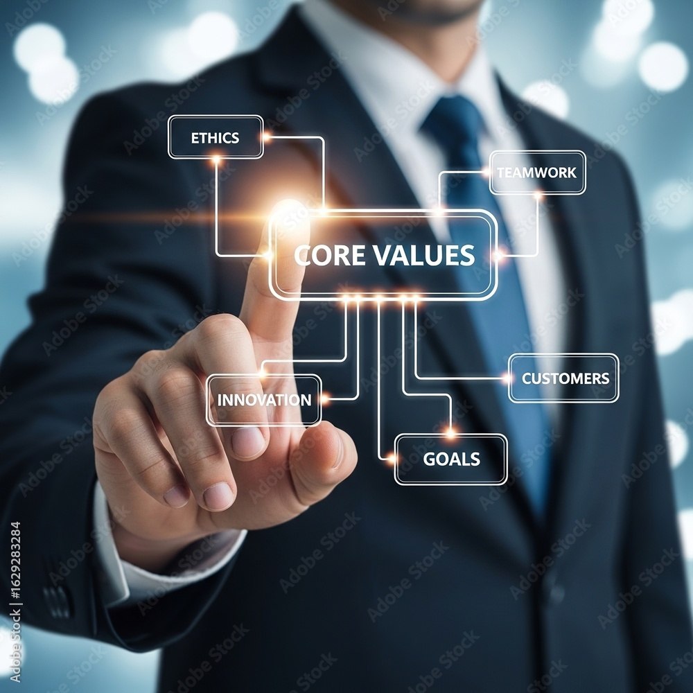 Poster businessman touching a digital interface displaying core values and interconnected business concepts