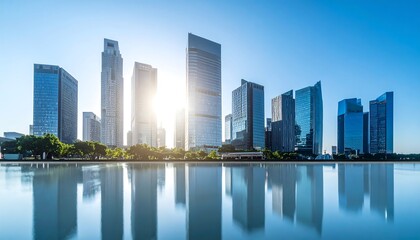 Naklejka premium City skyline reflecting in calm water