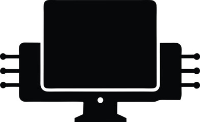 Black vector illustration of a computer monitor with side connectors, a desktop technology icon.