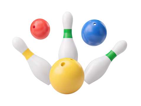 Bowling pins and balls in a stylized arrangement
