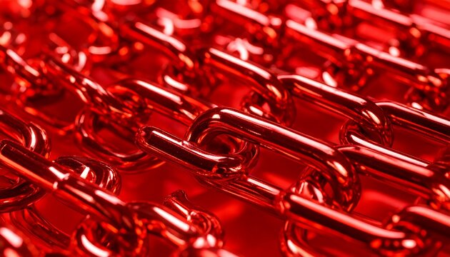 Close-up of many shiny red metal chains in parallel rows