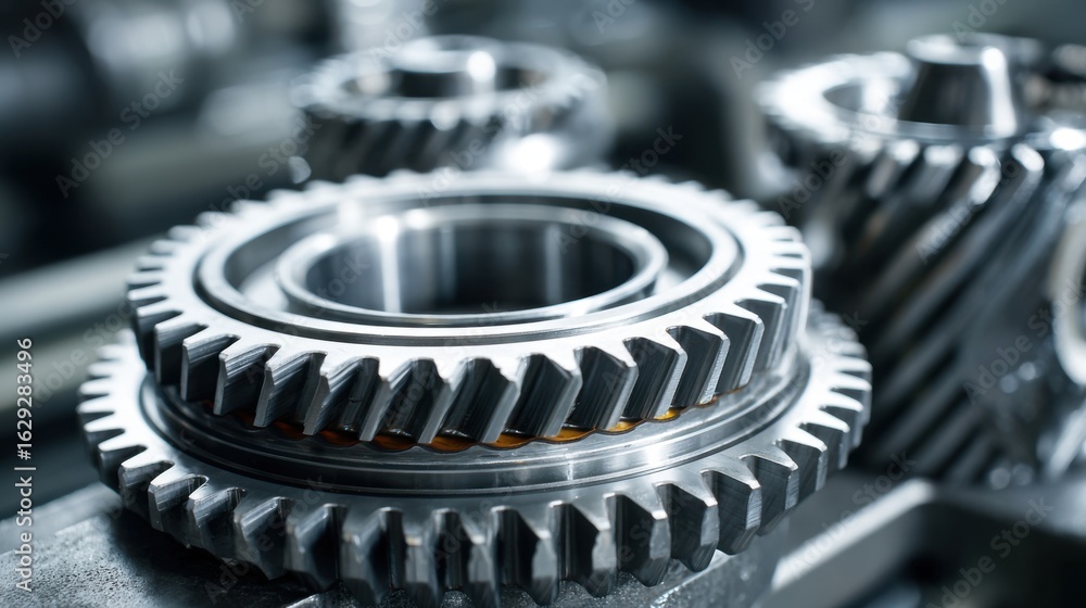 Poster precision metal gears are displayed in a machinery workshop, highlighting intricate designs and engi