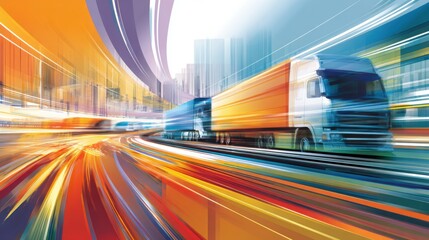 Trucks speed along a sprawling highway during dusk, showcasing a blur of colors and light that highlights the dynamic movement in a bustling urban landscape.