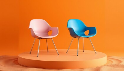 Two modern chairs pink and blue on orange podium furniture