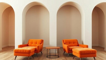 Two orange armchairs with ottomans flanking a round table