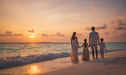 Fototapeta premium A family of four stands on the beach, holding hands and watching the sunset