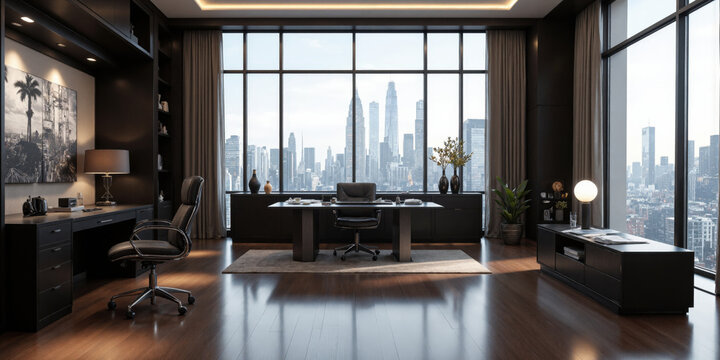 Sophisticated office with a dark wood desk, leather chair, and luxurious accessories. Task lighting above the desk ensures optimal illumination