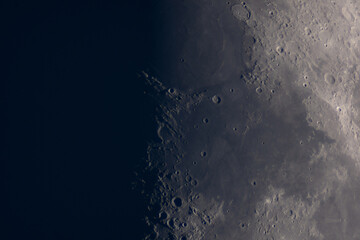 Waxing Moon close-up revealing shadowed lunar craters and plains. Planetary astrophotography Satellite of the Earth