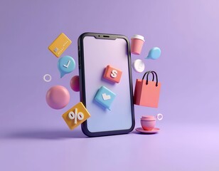 Mobile shopping icons floating around smartphone credit card shopping bag