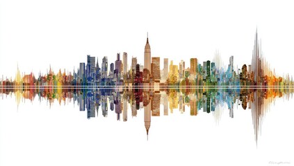 New York City skyline depicted as an audio waveform, with mirrored reflection, and vibrant colors