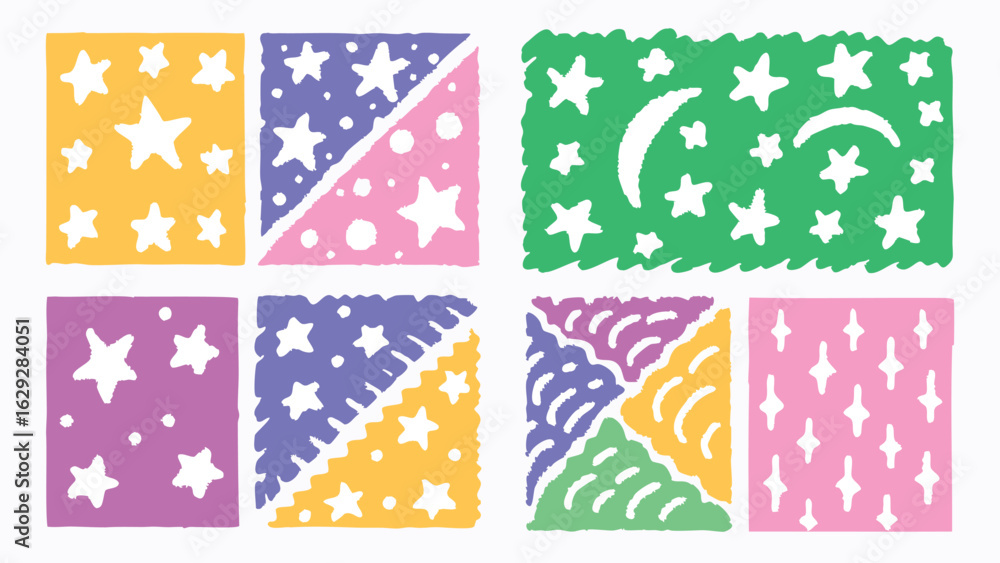 Poster colorful patterns with stars moons and abstract shapes in square and rectangular formats design