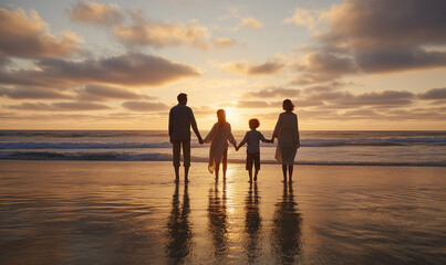 Fototapeta premium A family of four stands on the beach, holding hands and watching the sunset