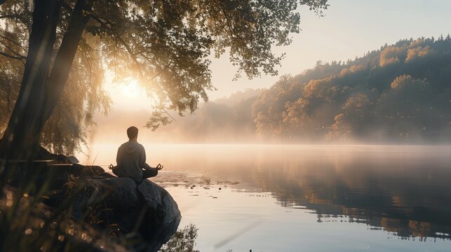 a person meditating by a serene lake at sunrise, the soft light reflecting on the water and creating a peaceful and tranquil atmosphere