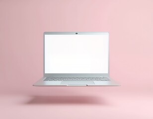 Silver laptop open blank screen floating light pink background technology computer
