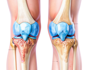 Detailed Knee Joint Anatomy with Labeled Bones, Ligaments, and Cartilage, Front View, Isolated PNG