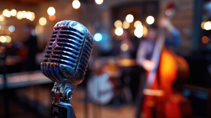 A vintage microphone is prominently featured, set against the blurred background of musicians playing jazz instruments in a warm, inviting music venue at night.