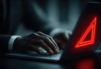 Close-up of person typing on laptop with glowing red triangle