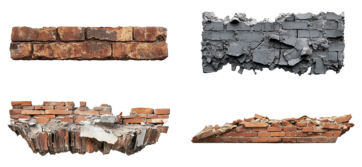 Set of crumbling brick walls isolated on transparent background. PNG