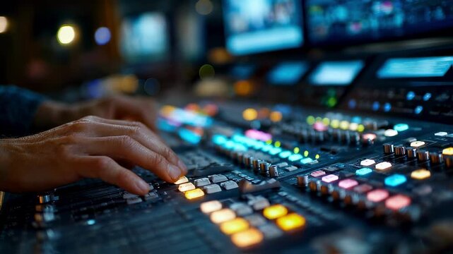 Closeup of a broadcast technicians hands finetuning audio sliders and switching camera angles to maintain perfect timing and quality in a live studio.