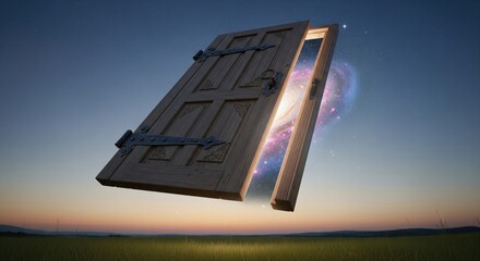 An open door floating in the sky revealing a galaxy to another world