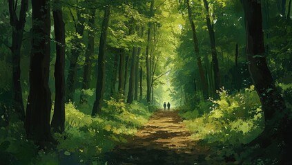 Fototapeta premium Lush forest path with two figures walking